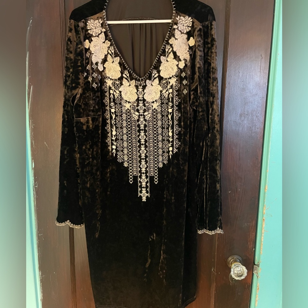 Brown velvet dress with cream embroidered flowers.